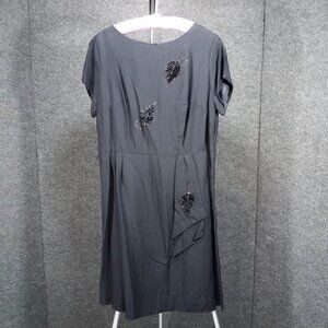 1940's Vintage Black Rayon Wiggle Dress with Velvet Leaves Swag Detail